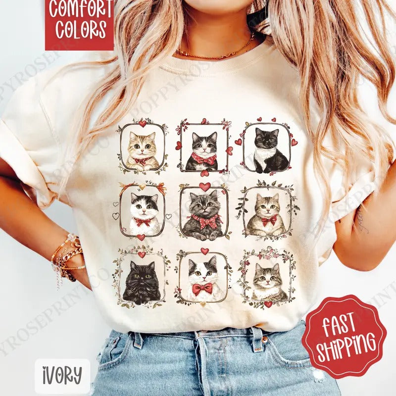 Valentine Cats Shirt Comfort Colors, Valentine's Day Women's Tee, Cat Lover Women's Tshirt Hoodie, Sweatshirt