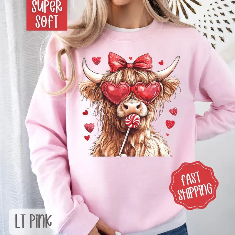 Valentine Cow Sweatshirt, Valentine's Day Crewneck, Cute Women's Sweater T-Shirts, Hoodie | TeeBloomCo.com