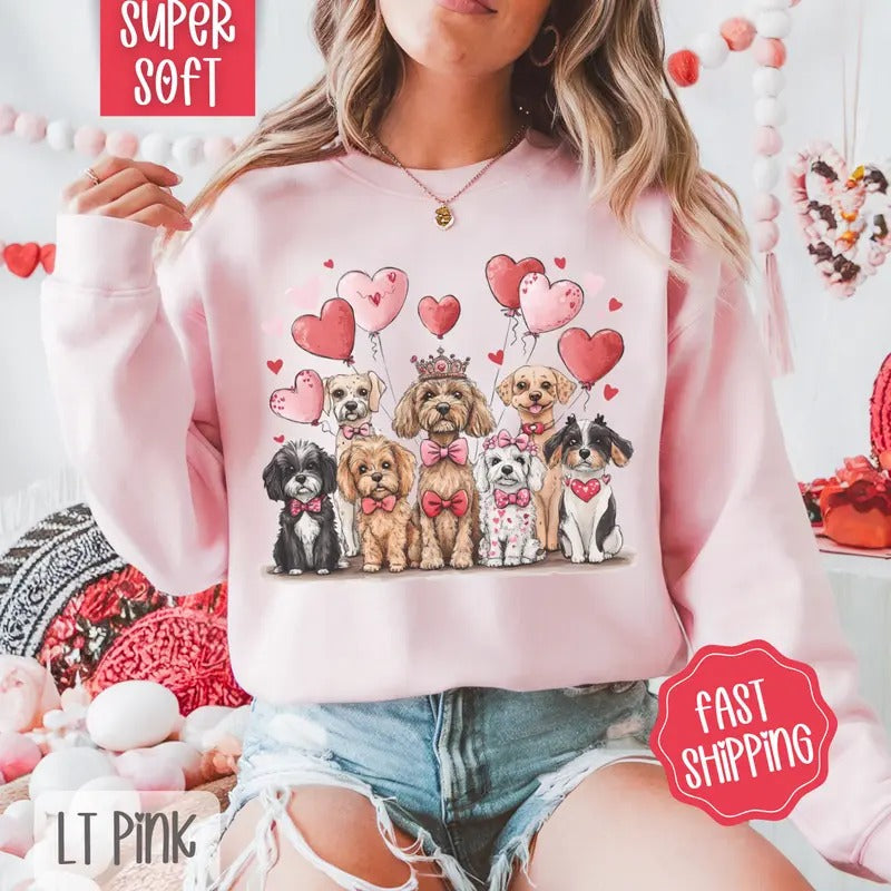 Valentine Dogs Sweatshirt, Valentine's Day Crewneck, Cute Women's Sweater T-Shirts, Hoodie | TeeBloomCo.com