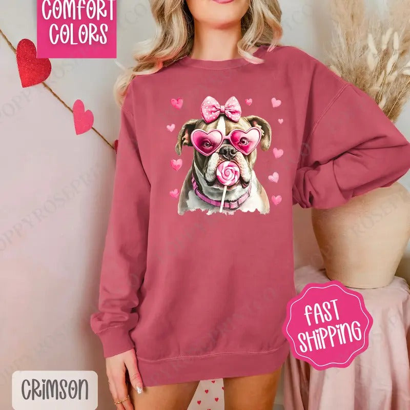 Valentine English Bulldog Comfort Colors Sweatshirt, Valentine's Day Women's Crewneck, Cute Women's Sweater T-Shirts, Hoodie