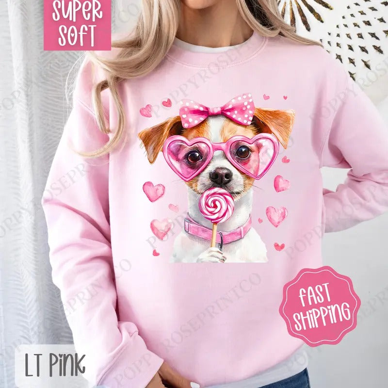 Valentine Jack Russell Sweatshirt, Valentine's Day Crewneck, Cute Women's Sweater T-Shirts, Hoodie | TeeBloomCo.com