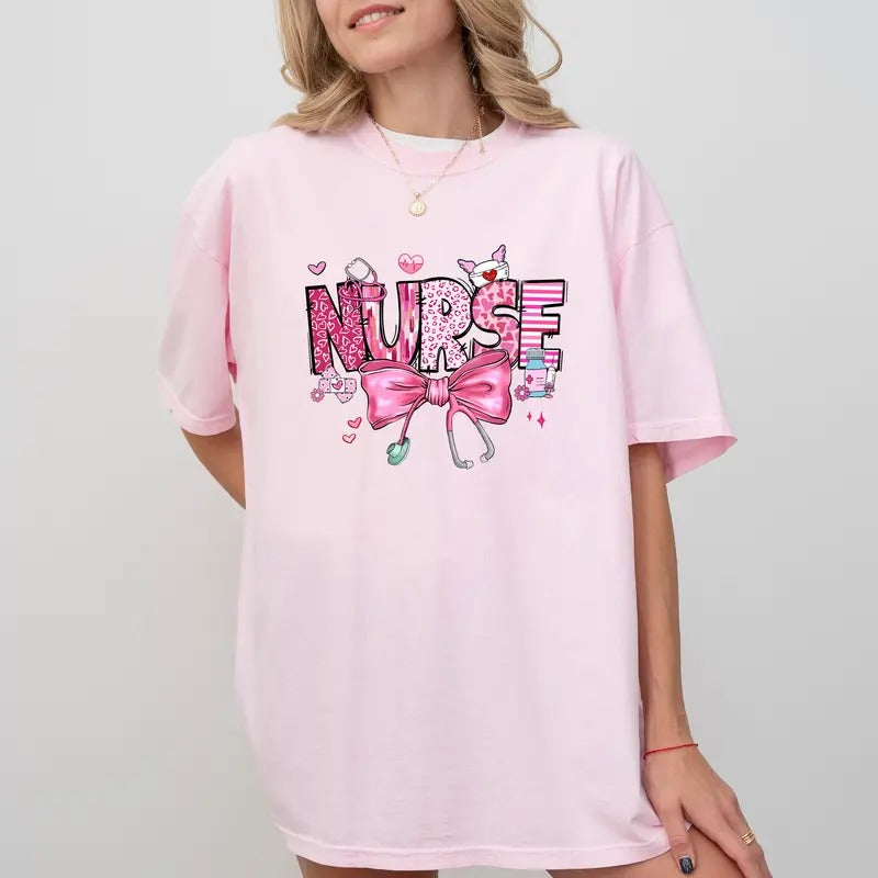 Valentine Nurse Comfort Colors Shirt, Coquette Bow Nurse Tee, Nursing T-shirt, Doctor Life Gift, Womenswear Hoodie,...