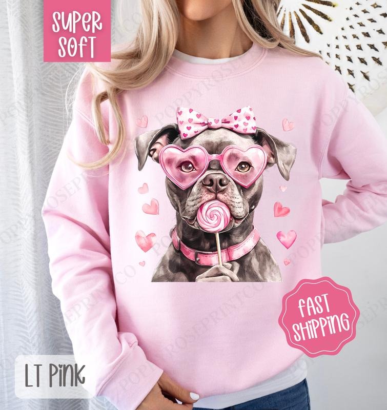 Valentine Pitbull Sweatshirt, Valentine's Day Crewneck, Cute Women's Sweater T-Shirts, Hoodie | TeeBloomCo.com