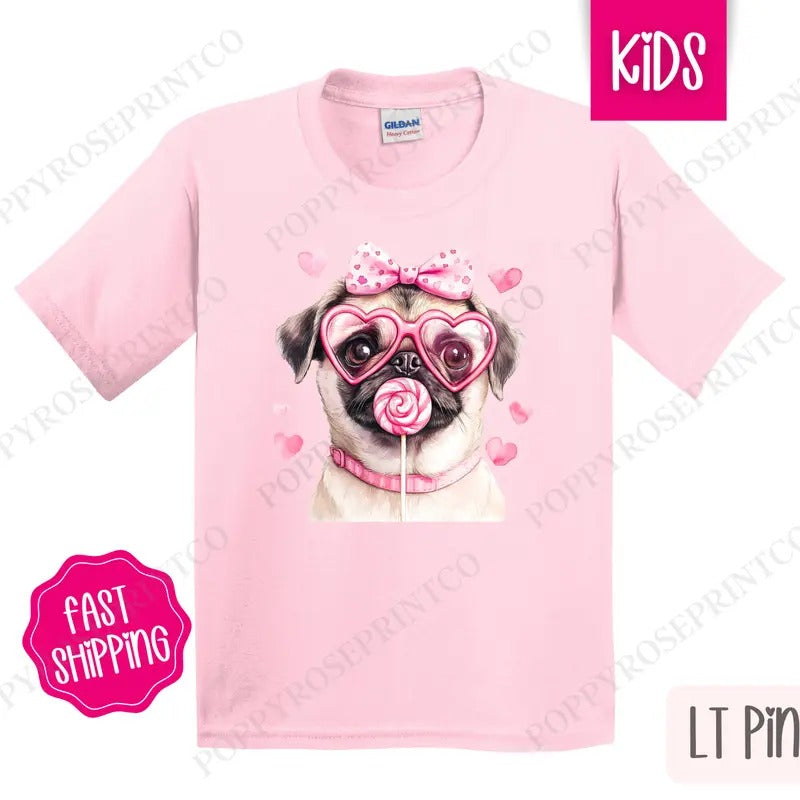Valentine Pug Kids Shirt - Valentine's Day Children's Tshirt - Cute Youth Tee Gildan Hoodie, Sweatshirt | TeeBloomCo.com