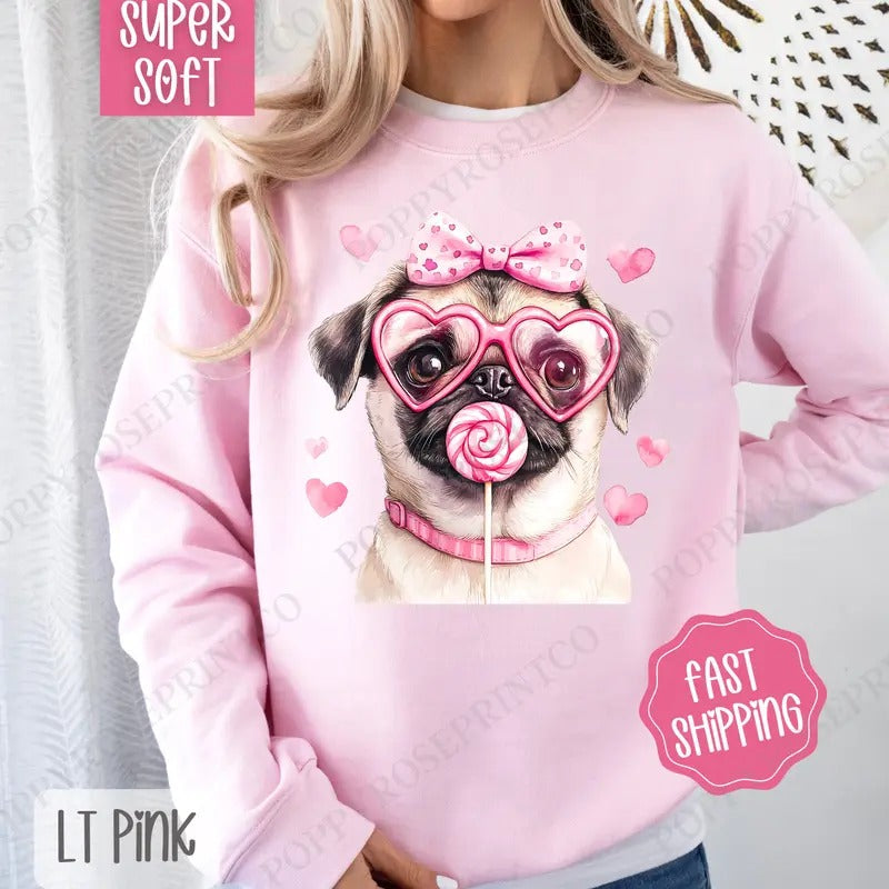Valentine Pug Sweatshirt, Valentine's Day Crewneck, Cute Women's Sweater T-Shirts, Hoodie | TeeBloomCo.com