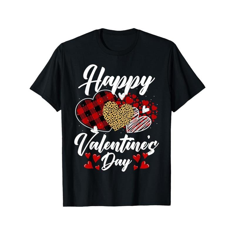 Valentine'S Day Leopard Plaid Heart Print T-Shirt, 100% Cotton, Casual Crew Neck, Regular Fit, Short Sleeve, Slight...