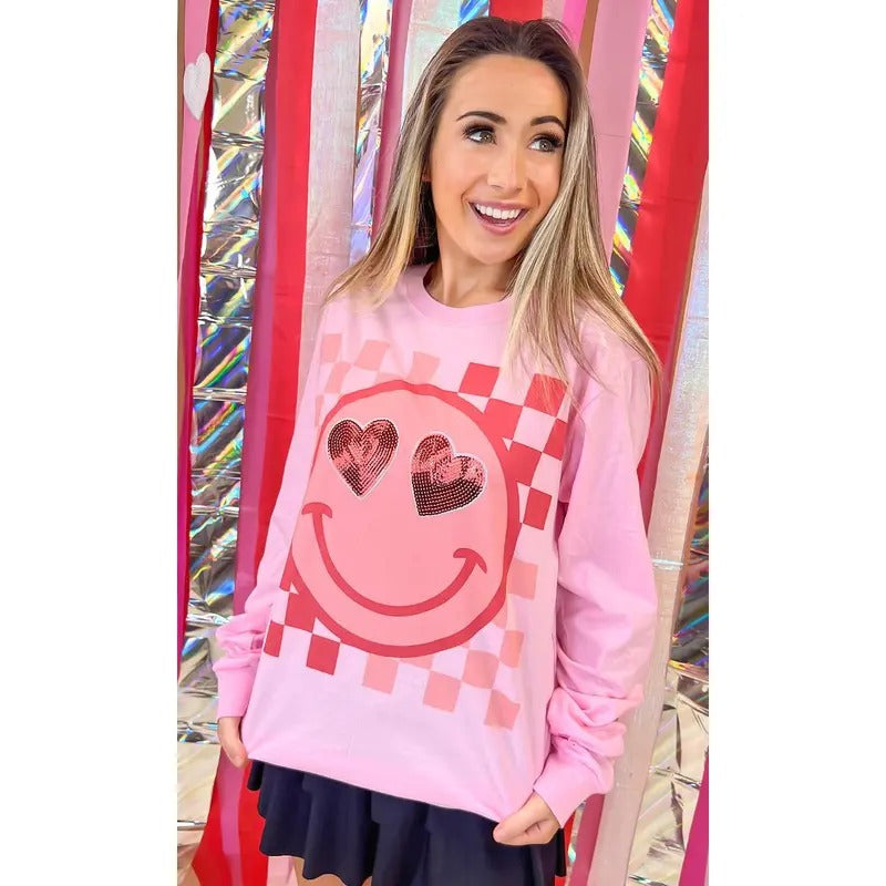 Valentine Sequin Smiley Graphic Long Sleeve T-Shirt Hoodie, Sweatshirt | TeeBloomCo.com