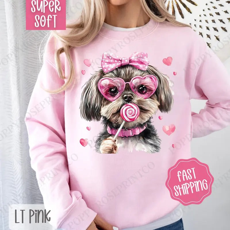 Valentine Shihtzu Sweatshirt, Valentine's Day Crewneck, Cute Women's Sweater T-Shirts, Hoodie | TeeBloomCo.com