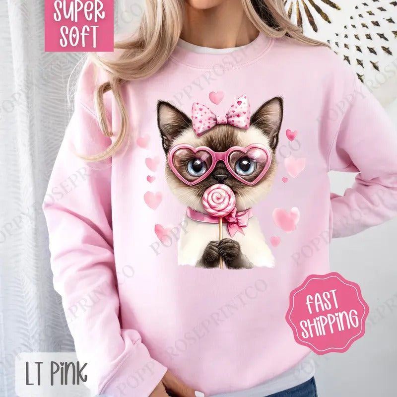 Valentine Siamese Cat Sweatshirt, Valentine's Day Crewneck, Cute Women's Sweater T-Shirts, Hoodie | TeeBloomCo.com