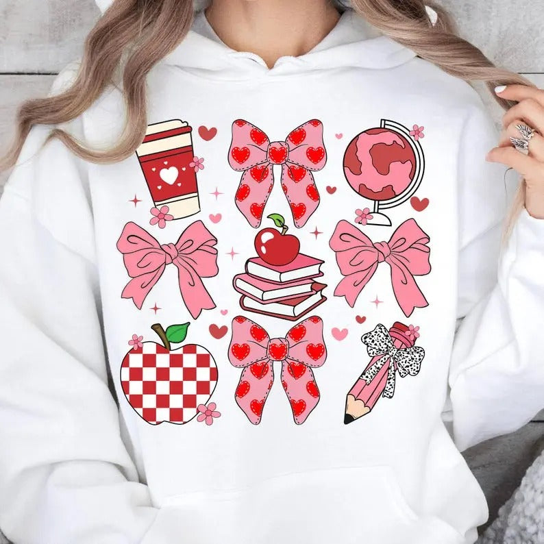 Valentine Teacher Hoodie, Teacher Coquette Bow Valentine Shirt, Valentine Shirt, Retro Valentine Shirt, Gift For Her,...
