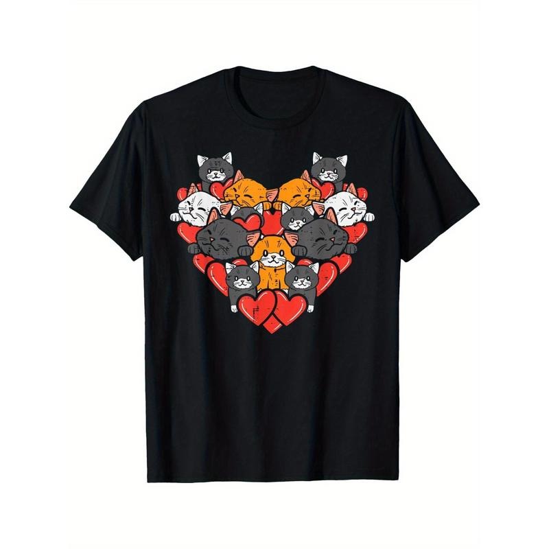 Valentine's Day Heart & Cats Print T-Shirt - 100% Cotton, Breathable & Comfortable, Casual Round Neck Short Sleeve Tee...