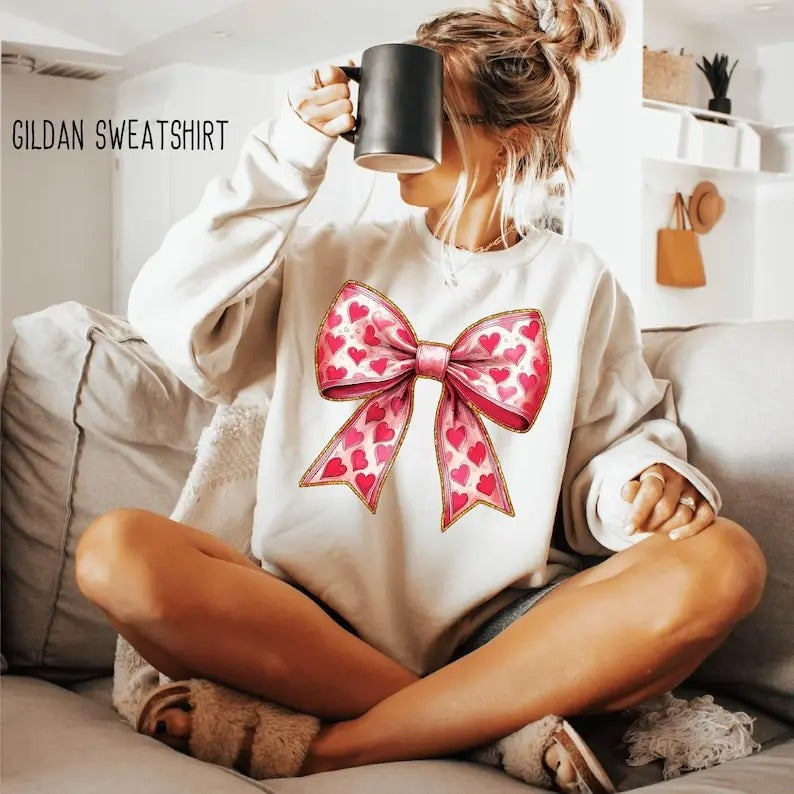 Valentine's day Heart Coquette bow Sweatshirt Valentines day Bow , Coquette Bow T-Shirts, Hoodie | TeeBloomCo.com