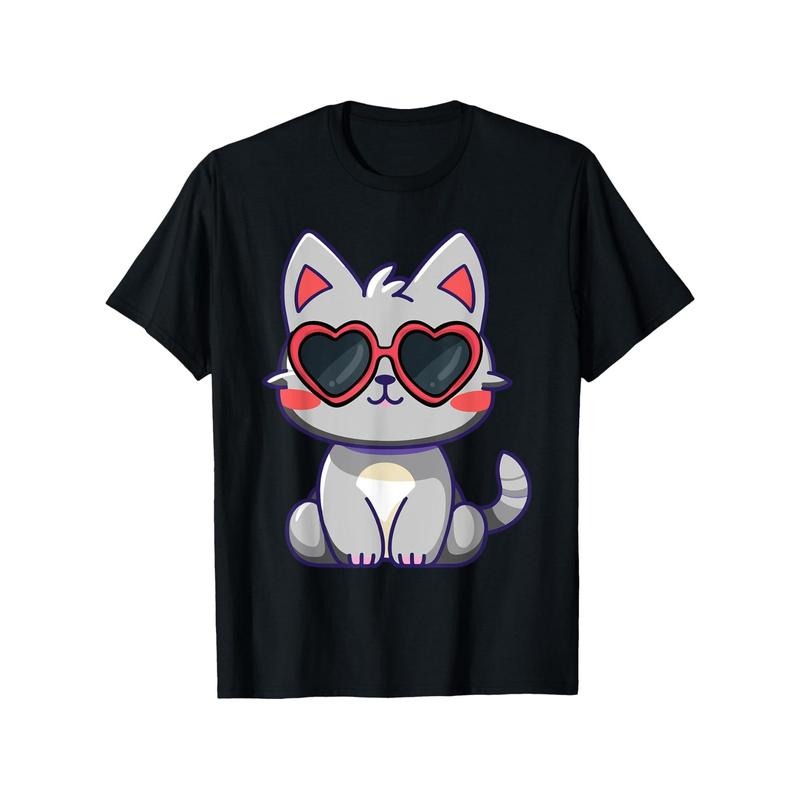 Valentines Cat Kitten Wearing Fashion Glass Print Men's Cotton T-shirt, Casual Short Sleeve Crew Neck Top, Men's Summer...