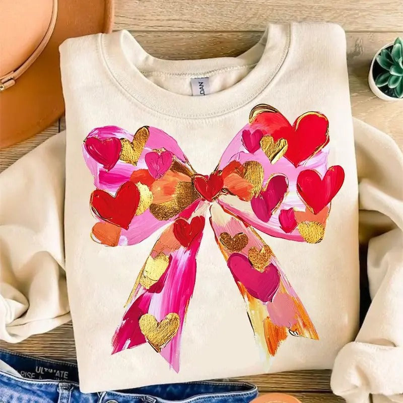 Valentines Day Coquette Bow Sweatshirt, Valentine Brushstroke Shirt, Coquette Valentine Shirt Hoodie | TeeBloomCo.com