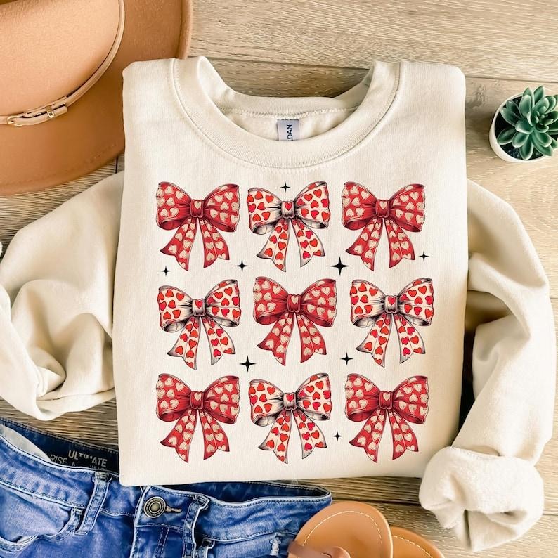 Valentines Day Heart Coquette Bow ,Sweatshirt Love , Valentine Mama , Girls Valentine T-Shirts, Hoodie | TeeBloomCo.com
