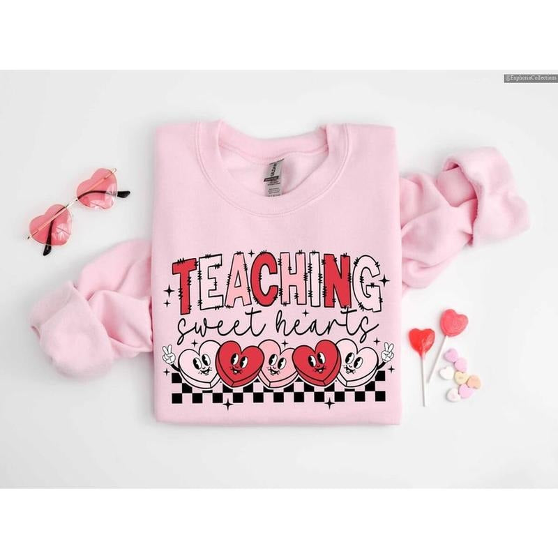 Valentines Day Teacher Coquette Heart Checked Sweatshirt Hoodie T-Shirt, Teaching Sweethearts Shirts, Teacher Love Day...
