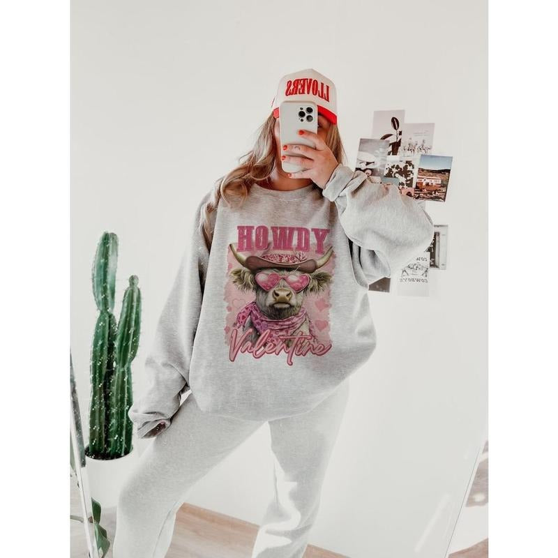 Valentines Highland Cow | Howdy Coquette Sweatshirt | Valentine Bow Crewneck T-Shirts, Hoodie | TeeBloomCo.com