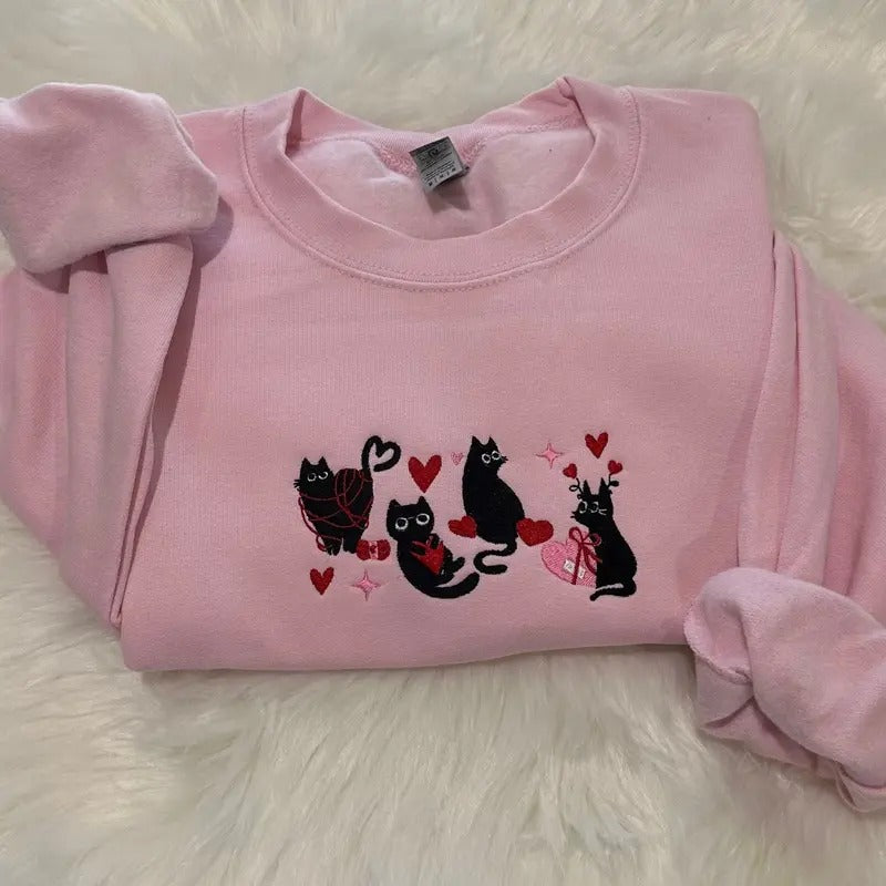 Valentines black Cats Embroidered sweatshirt, Valentine Embroidered crewneck, Valentine's Day sweatshirt T-Shirts, Hoodie