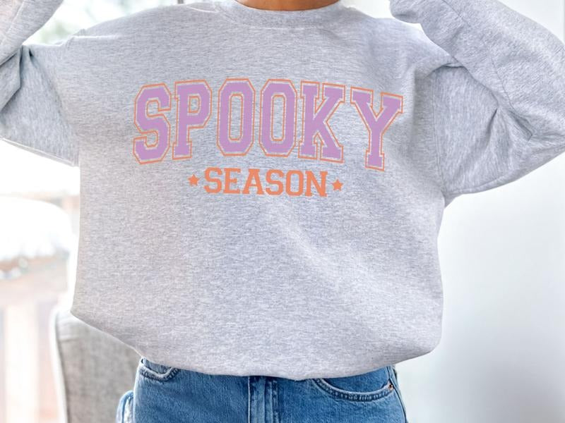 Varsity - Style Spooky Season Sweatshirt in Ash T-Shirts, Hoodie | TeeBloomCo.com