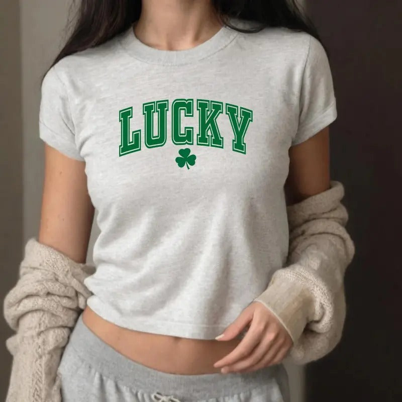 Varsity Lucky 4 Leaf Clover Baby Tee, Four Leaf Clover Baby Tee, St Pattys Day Tee Shirt, Shamrock Four Leaf Shirt...
