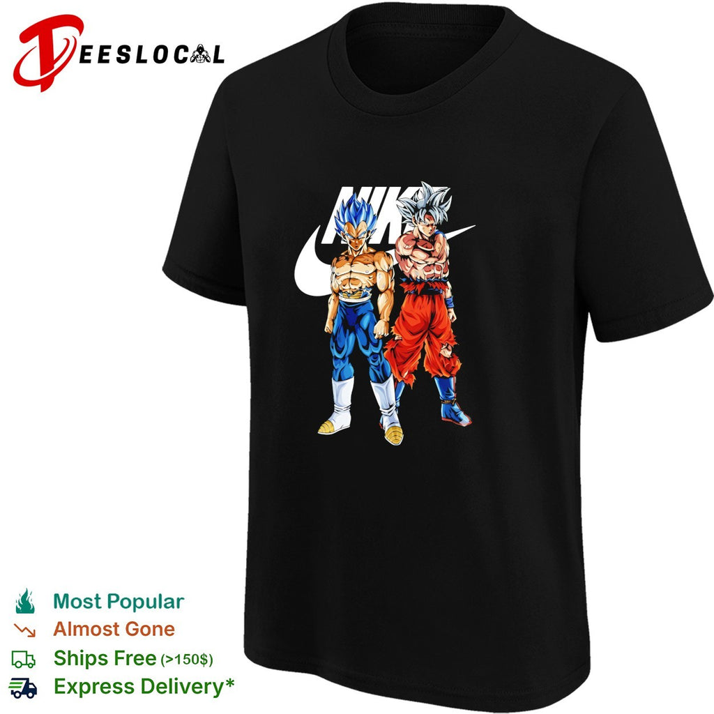 Vegeta and Goku Dragon Ball Super parody design on a black cotton crew neck shirt