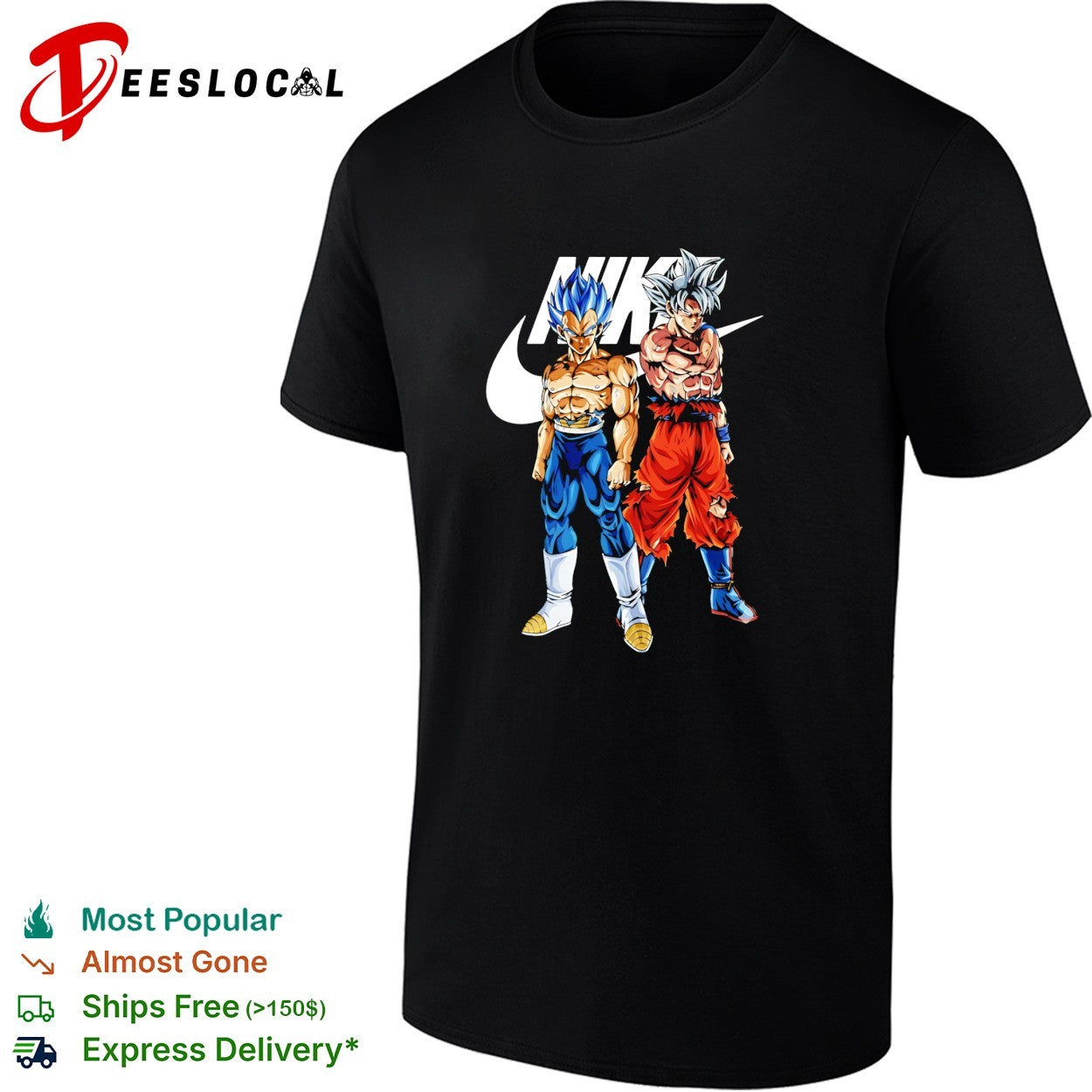 Vegeta and Goku Dragon Ball Super parody design on a black cotton crew neck shirt