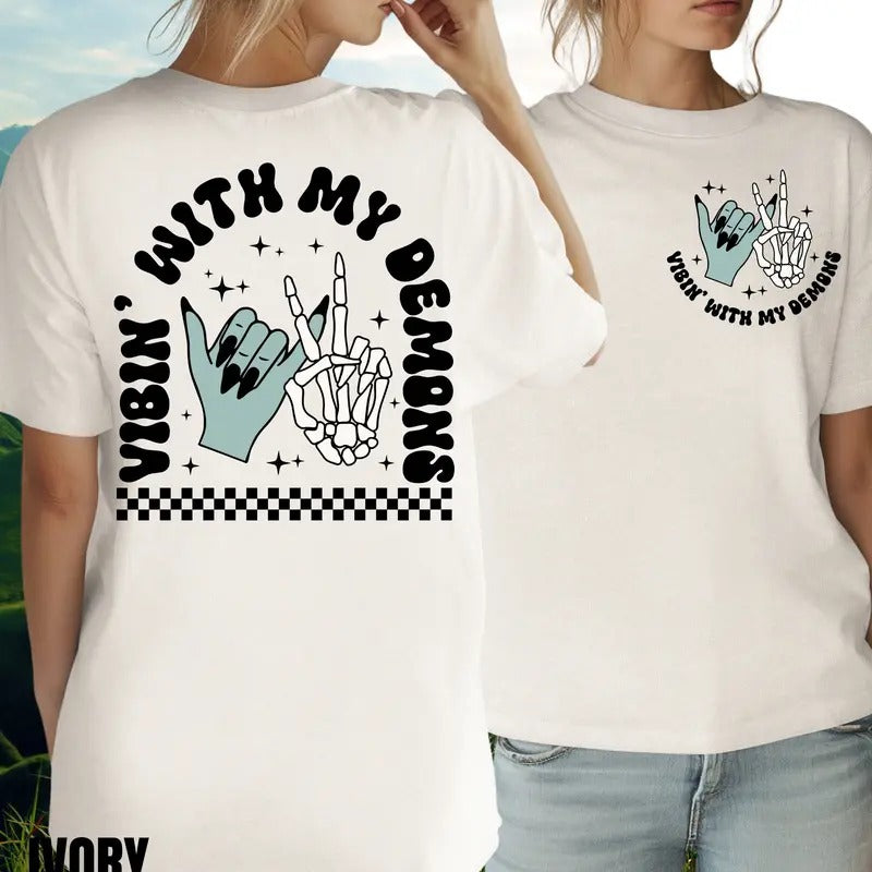 Vibin With My Demons Shirt Skeleton Hand Shirt Y3k Halloween Retro Halloween Funny Vintage Inspired Tee Spooky Season...