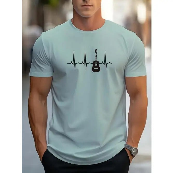 Vibrant Crew Neck T-Shirt for Men - Electric Heartbeat Pattern, Breathable, Moisture-Wicking, Casual Summer Top for...