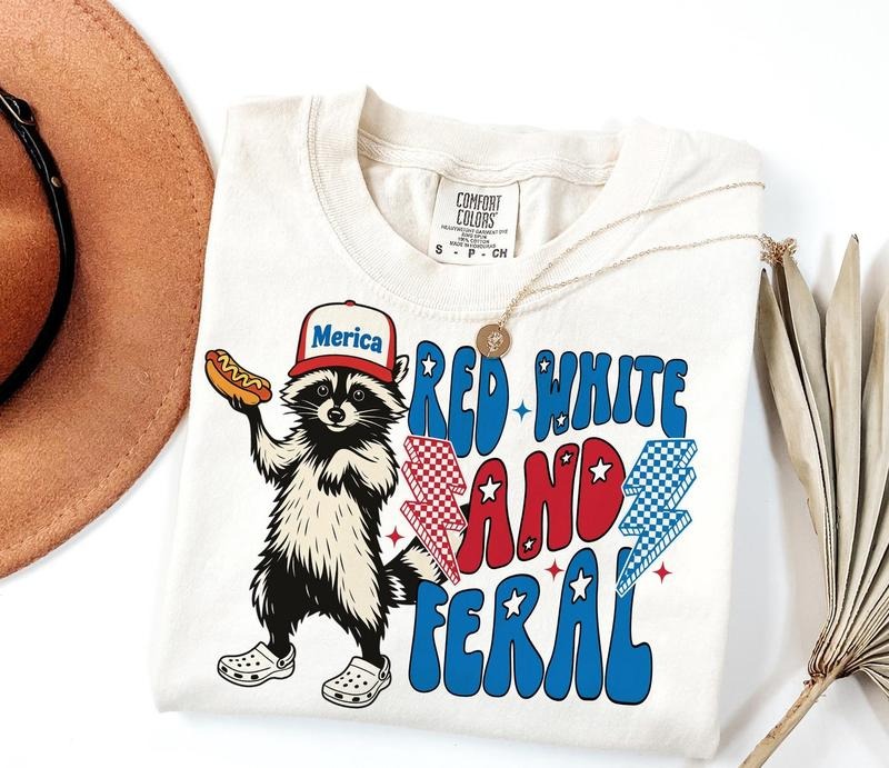 Victoria Maxwell, Vintage Graphic Tee, Comfort Colors Red White And Feral Shirt, 4th Of July , Funny Hotdog Raccoon USA...