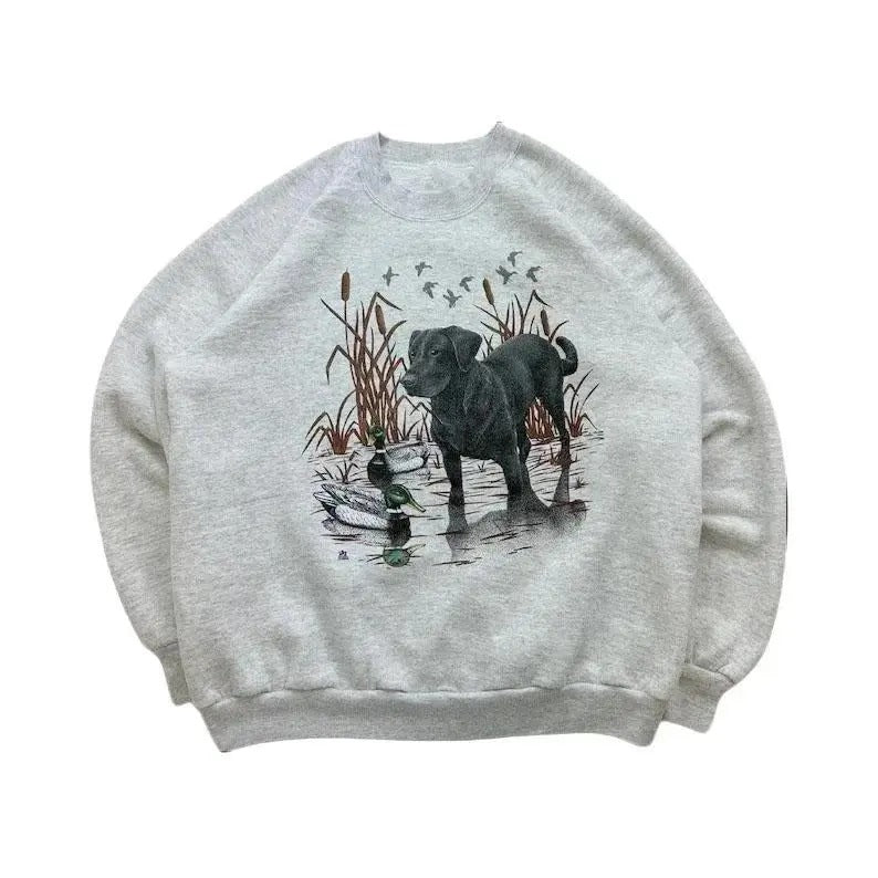 Vintage 90s Black Labrador Dog and Duck Nature Animal Lover Crewneck Sweatshirt Hoodie T-shirt Cotton Fabric | TeeBloomCo.com