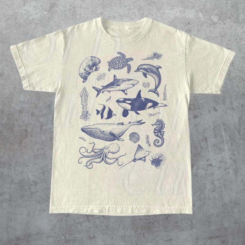 Vintage 90s Tattoo Sea Animal T Shirt, Retro Ocean Nature Shirt, Sealife, Ocean, Whale, Orca, Turtle, Dolphin Shirt,...