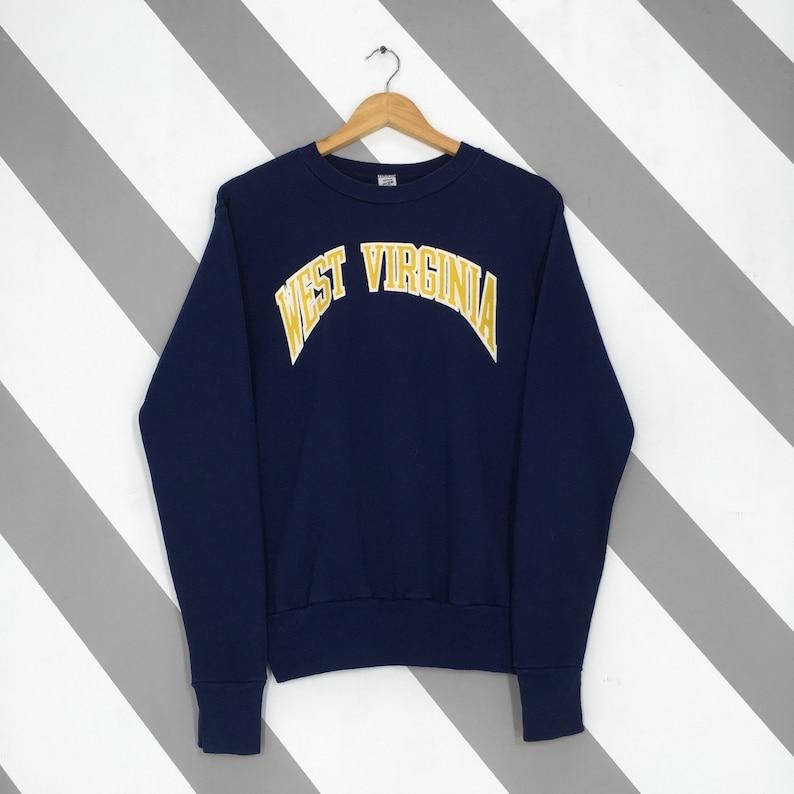 Vintage 90s West Virginia University Blue Sweatshirt Medium West Virginia Spell Out Crewneck WV Mountaineers Ncaa...