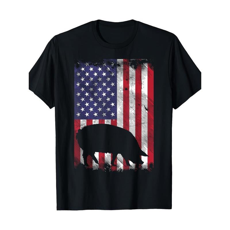 Vintage American Flag Pig Graphic Tee - 100% Cotton, Patriotic Farmhouse Style T-Shirt for Men made in usa Hoodie, Sweatshirt