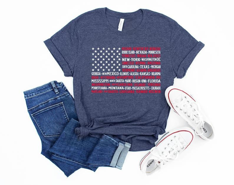 Vintage American Flag Tee with States, Fourth of July Tees, United States Tshirts, July 4th Graphic Tee, USA Shirts,...