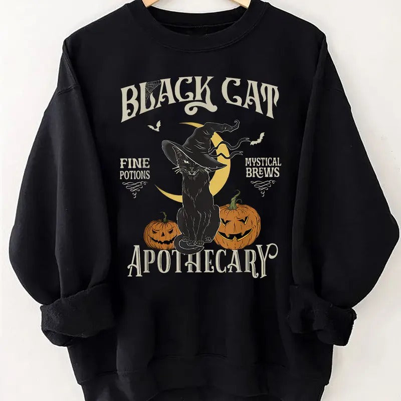 Vintage Black Cat Salem Apothecary Sweatshirt, Black Cat Halloween Sweatshirt, Halloween Black Cat Shirt, Retro Halloween...
