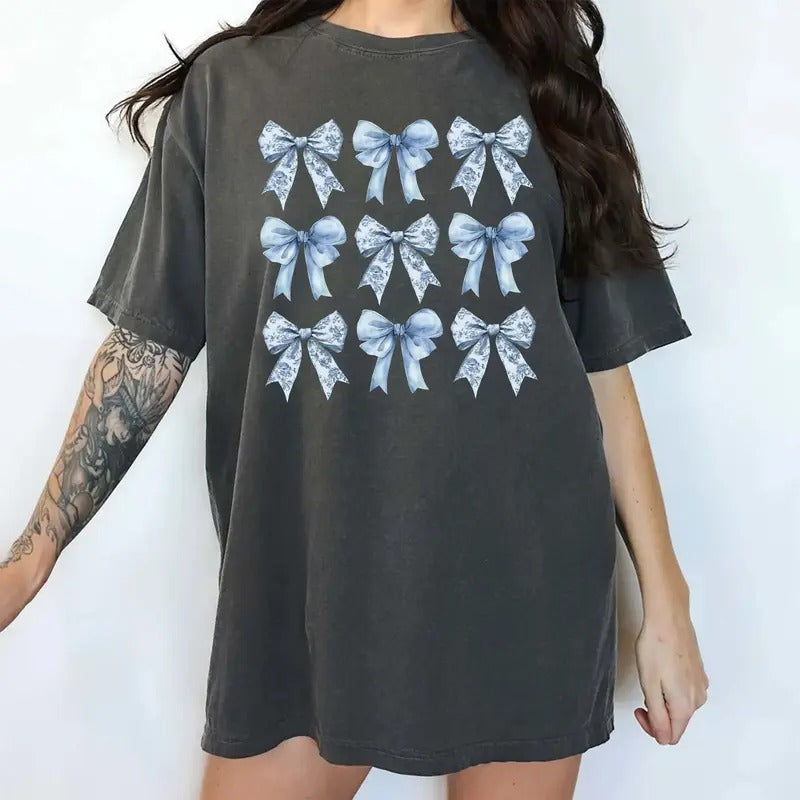 Vintage Blue Coquette Bow Shirt Comfort Colors, Aesthetic Toile De Jouy Ribbon Tee, Girly Coquette Tshirt, Blue Bow...