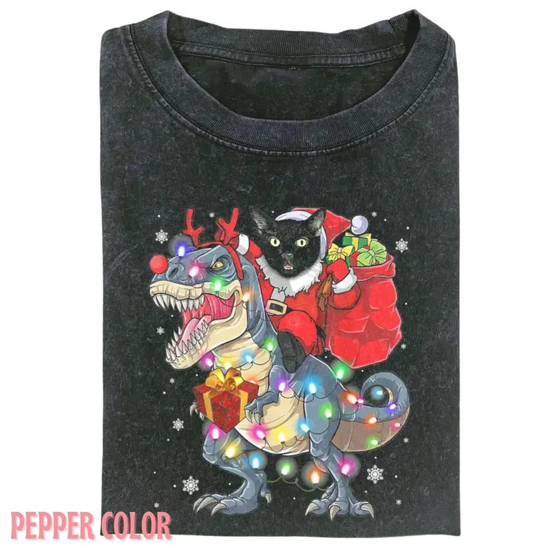 Vintage CAT RIDING A DINOSAUR T REX CHRISTMAS SHIRT, Funny graphic 90' Graphic tee Womenswear Top Hoodie, Sweatshirt