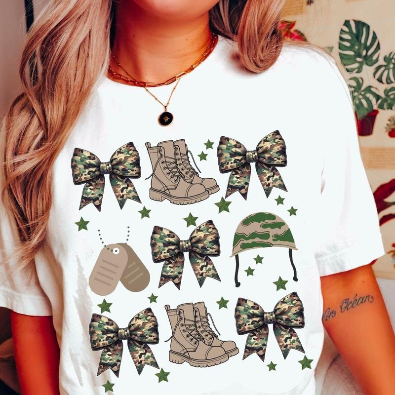 Vintage Camo Coquette Bow Military Shirt, Army Wife Gift, Veteran Mom Tee, Amy Family Shirts, Retro Military T-shirt...