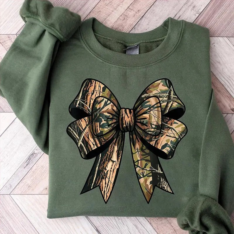 Vintage Camo Coquette Bow Sweatshirt, Dove Season Girls Camo Bow Tee, Hunting Camo Coquette Bow Sweatshirt, Full Sizes,...