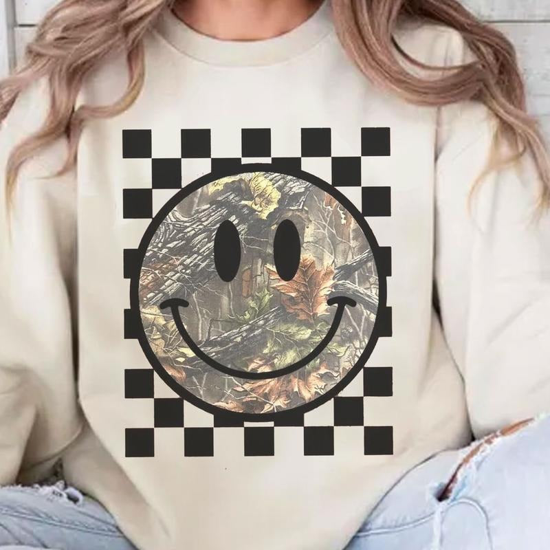 Vintage Checkered Camo Smiley Face Crewneck Shirt, Retro Camo Happy Face Checkered Tee, Camo Mom, Mama Gift Hoodie,...
