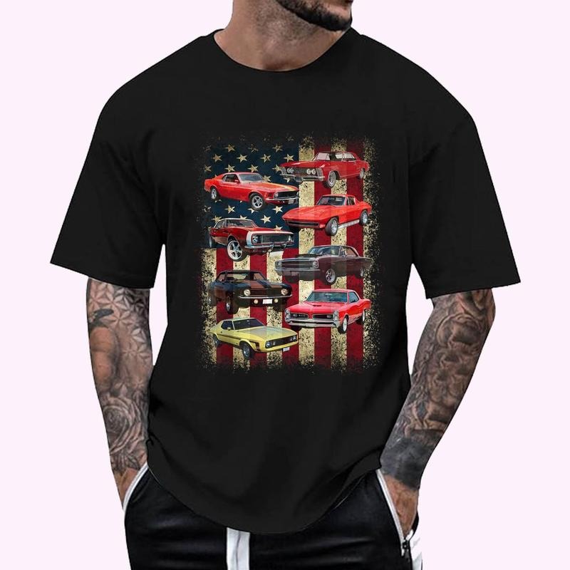 Vintage Classic Muscle Car Retro American Flag Patriotic T-Shirt , Unisex Cotton 100%, Top Menswear Hoodie, Sweatshirt