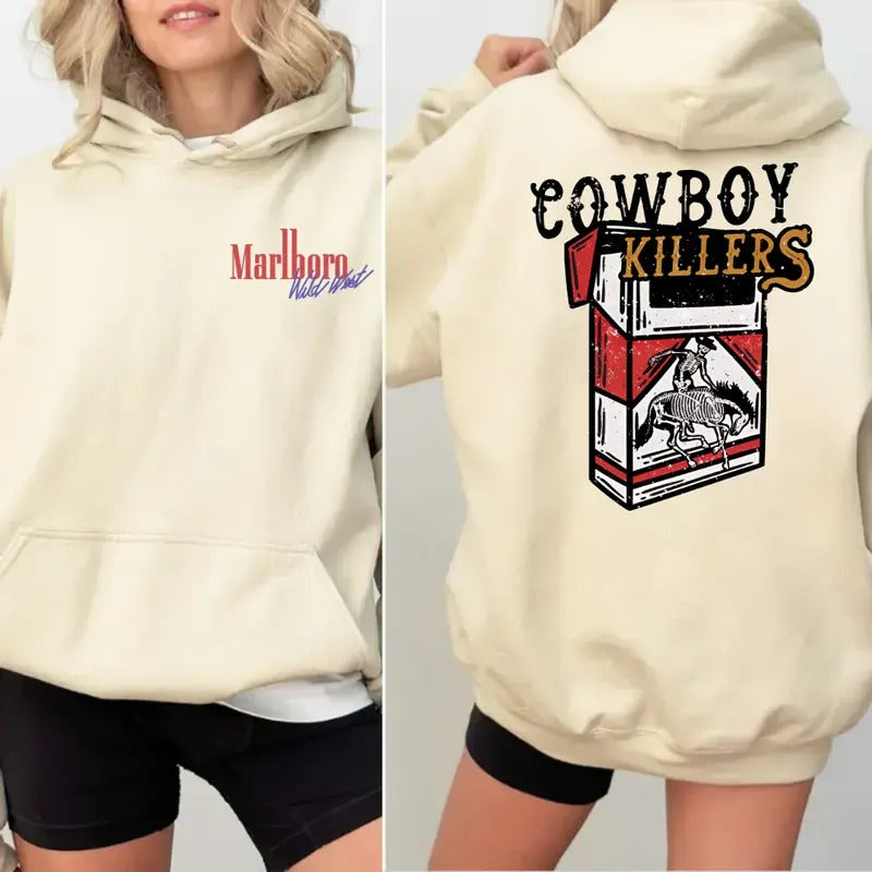 Vintage Cowboy Skeleton 90s Two Sided Hoodie, Retro Midwest, 2000s Top Western Hoodie, Unisex Long Sleeve Pullover Hoodie...