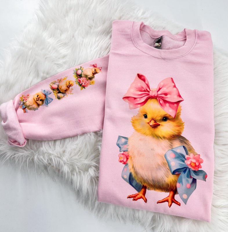 Vintage Easter Chicks Sweatshirt with sleeve print Fabric Womenswear Comfy T-Shirts, Hoodie | TeeBloomCo.com