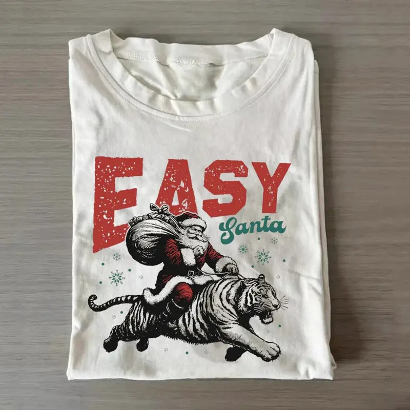 Vintage Easy Tiger Christmas Santa T-shirt, Funny Graphic Tee Womenswear Top Hoodie, Sweatshirt | TeeBloomCo.com