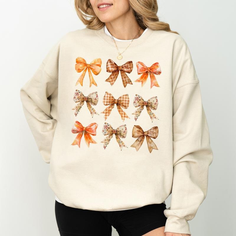 Vintage Fall Coquette Bow Sweatshirt, Autumn Bow Crewneck, Fall Pumpkin Bow Sweater, Fall Vibes Shirt for Girls, Coquette...