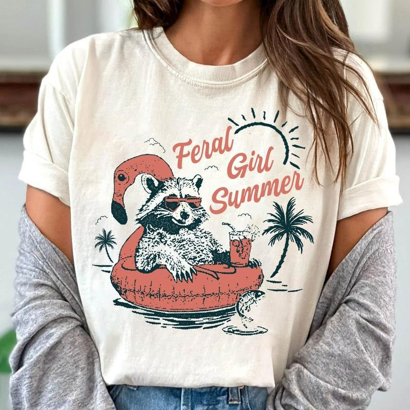 Vintage Feral Girl Summer Opossum Shirt, Summer Shirt, Funny Raccoon Shirt , Opossum Sweatshirt Hoodie | TeeBloomCo.com