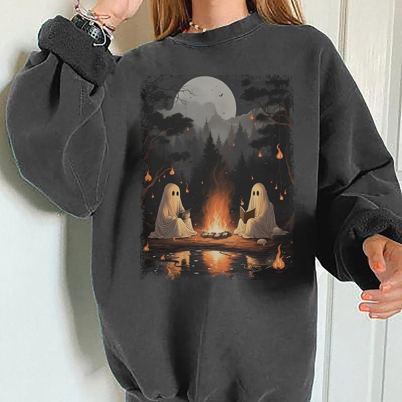 Vintage Ghost Book Camping Shirt, Retro Ghost Sweatshirt, 90s Halloween Shirt, Ghost Camping Sweatshirt, Ghost Reading...