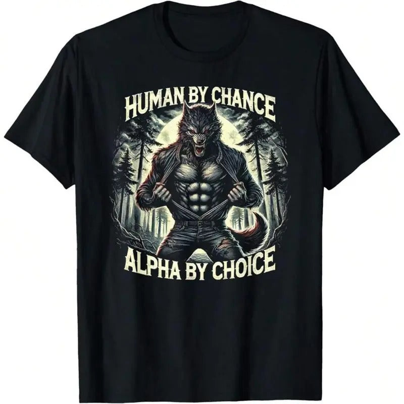 Vintage Graphic Tee Human By Chance Alpha By Choice Alpha Wolf T-Shirt T-Shirt Soft Fabric, Breathable, Short Sleeve...