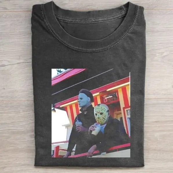 Vintage Halloween Graphic T-shirt, Michael Myers X Jason Voorhees Tee, Horror Movie Shirt, Horror Character, Funny...