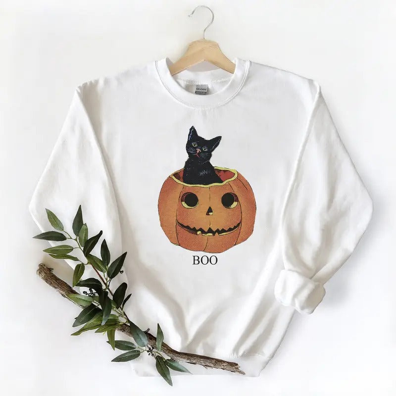 Vintage Halloween, Pumpkin sweatshirt, Black cat print, Mommy and me Hoodie Cotton Womenswear Crewneck Fabric Medium T-Shirts